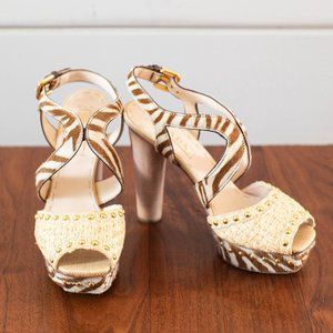 Prada Beige Zebra Calf Hair & Rattan Open Toe Slingback Pumps